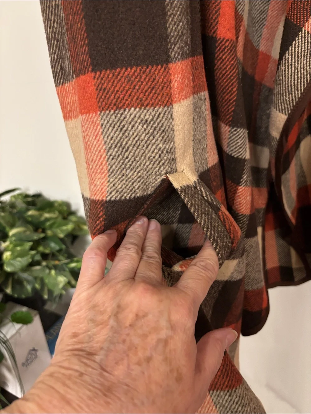 Plaid Hooded Sleeveless Vest in Brown, Orange & Cream,24” pit to pit